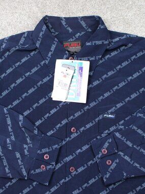 FUBU AOP Shirt NWT Mens 2XL XXL Blue Spell Out All Over Print Short Sleeve Y2K